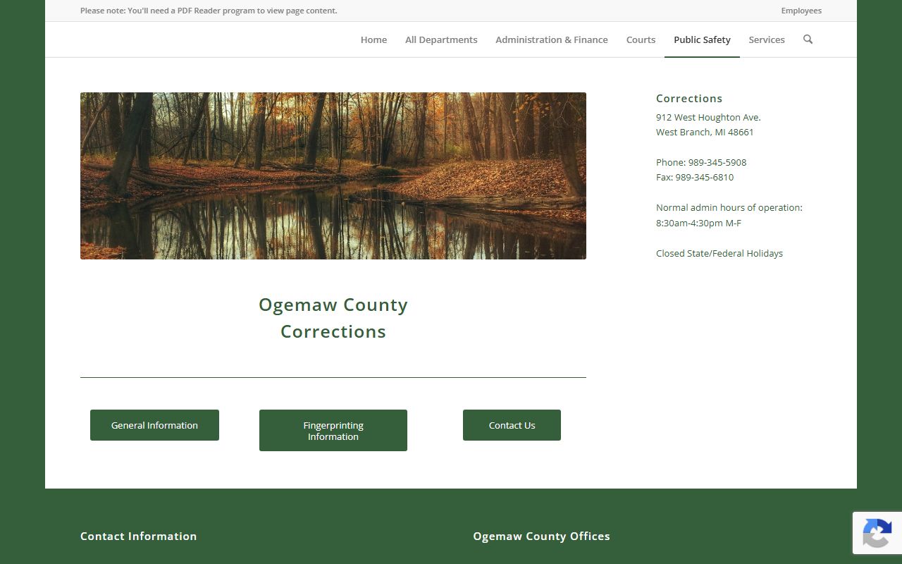 Ogemaw County Corrections contact page for inmate population and jail records