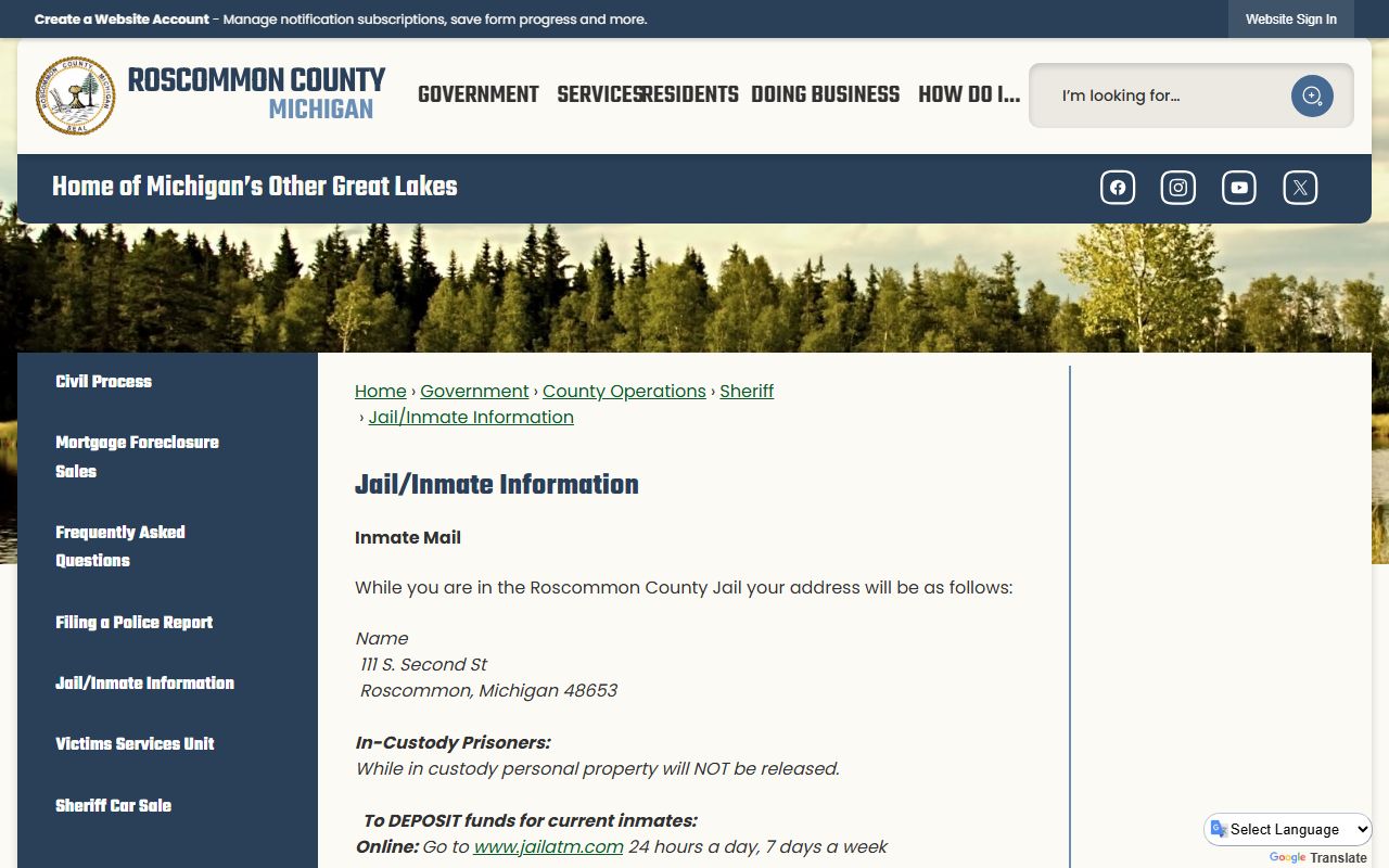 Roscommon County Jail inmate information page for custody mail and deposits